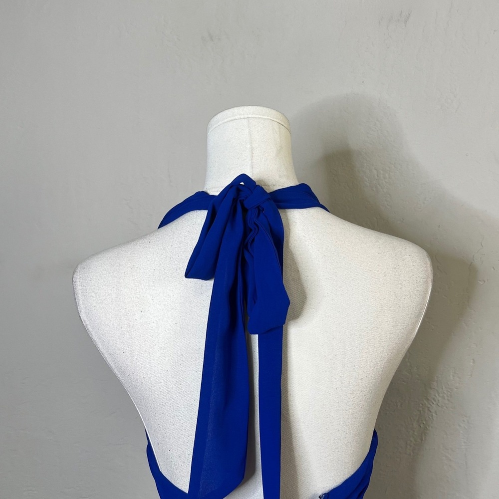 Lulus Dress Halter Mini Nailah Size XS Blue V-Neck Knot Skater Back Tie Chiffon - Picture 2 of 4